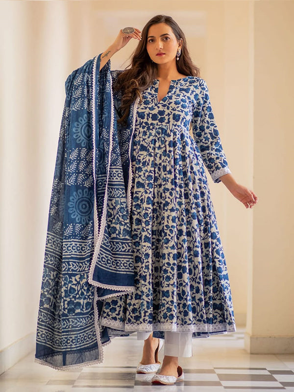 Blue Cotton Printed Kurti With Pant & Dupatta Set