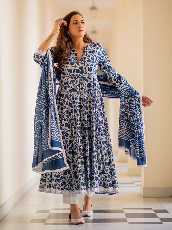 Blue Cotton Printed Kurti With Pant & Dupatta Set