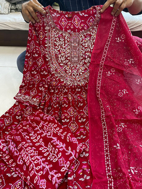 Dark Red Naira Embroidered Kurti With Pant & Dupatta