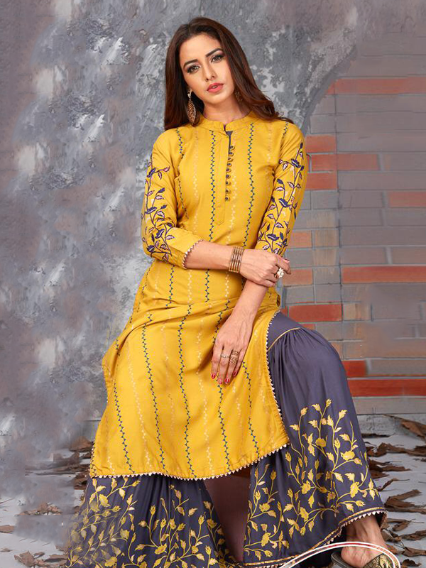 Kajal Mustard Rayon Printed Kurta With Sharara