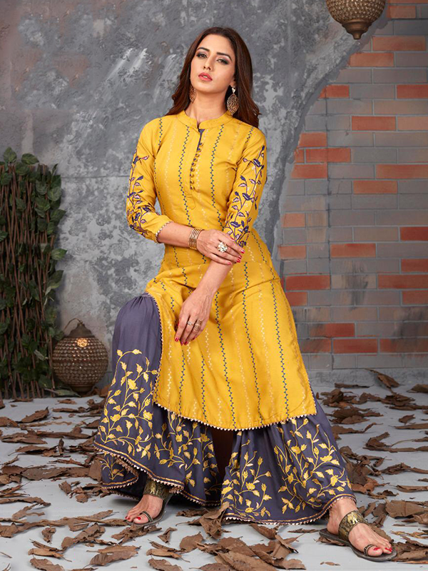 Kajal Mustard Rayon Printed Kurta With Sharara